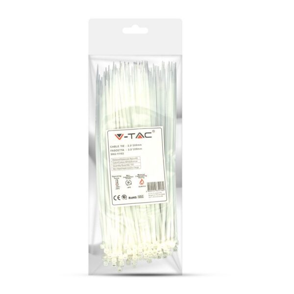 V-TAC stahovací pásek 2,5 x 200mm bílé - balení 100 ks